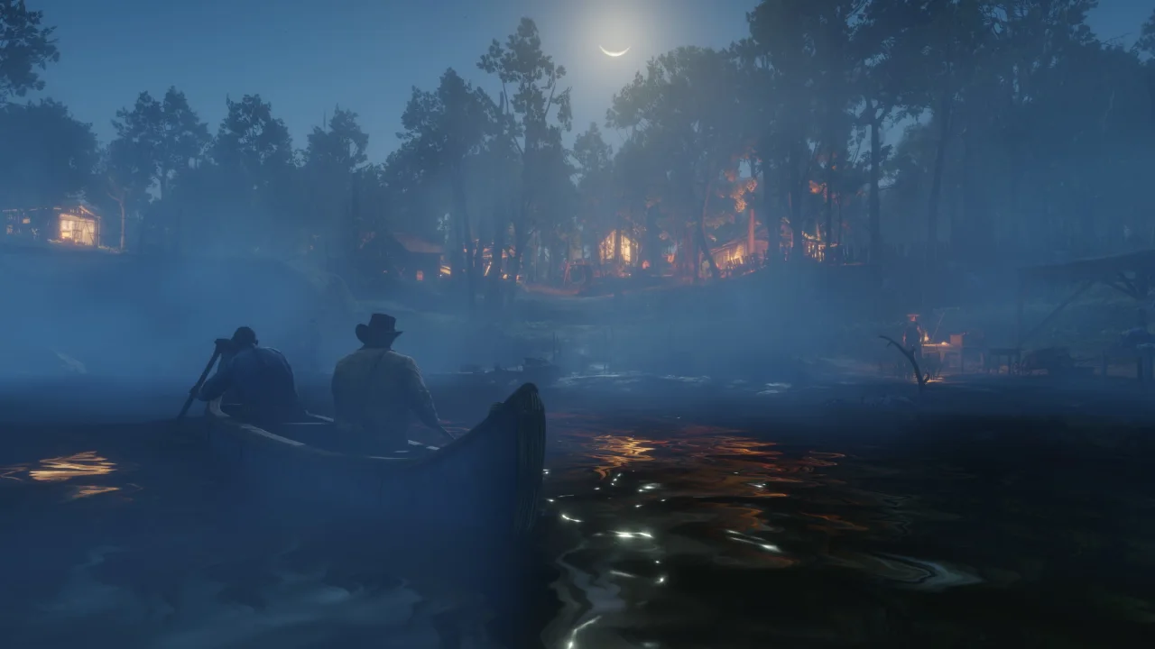 Two characters exploring moonlit water by canoe in Red Dead Redemption 2.