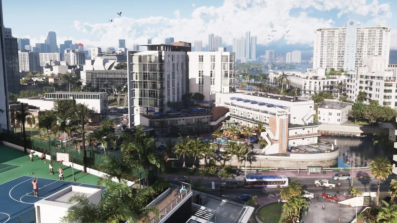 Official Grand Theft Auto VI screenshot showing the streets and skyline of Vice City.