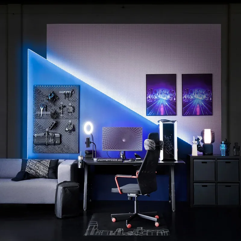 Gaming desk, monitor and chair arranged as a complete gaming setup.