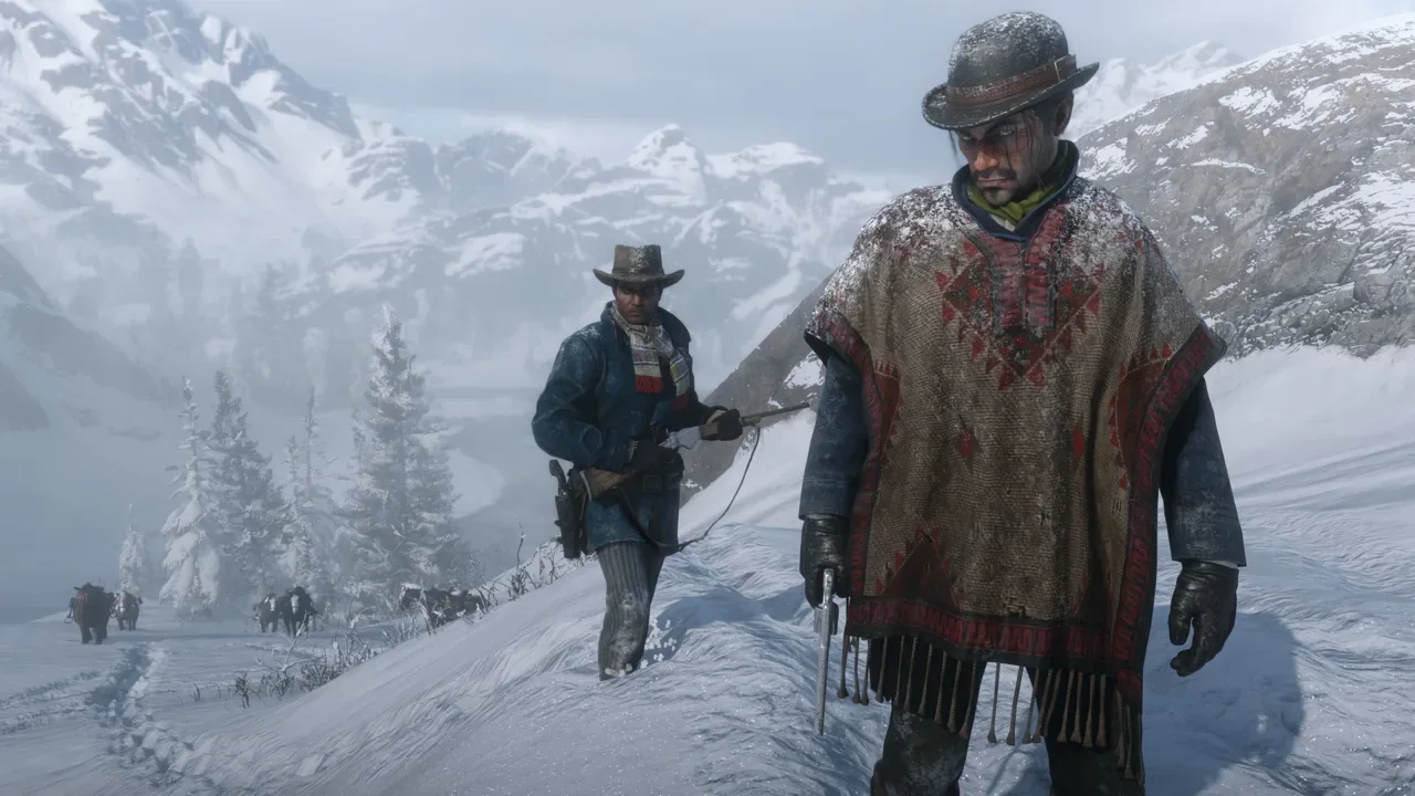 Arthur Morgan and another rider exploring a snowy mountain trail in Red Dead Redemption 2.