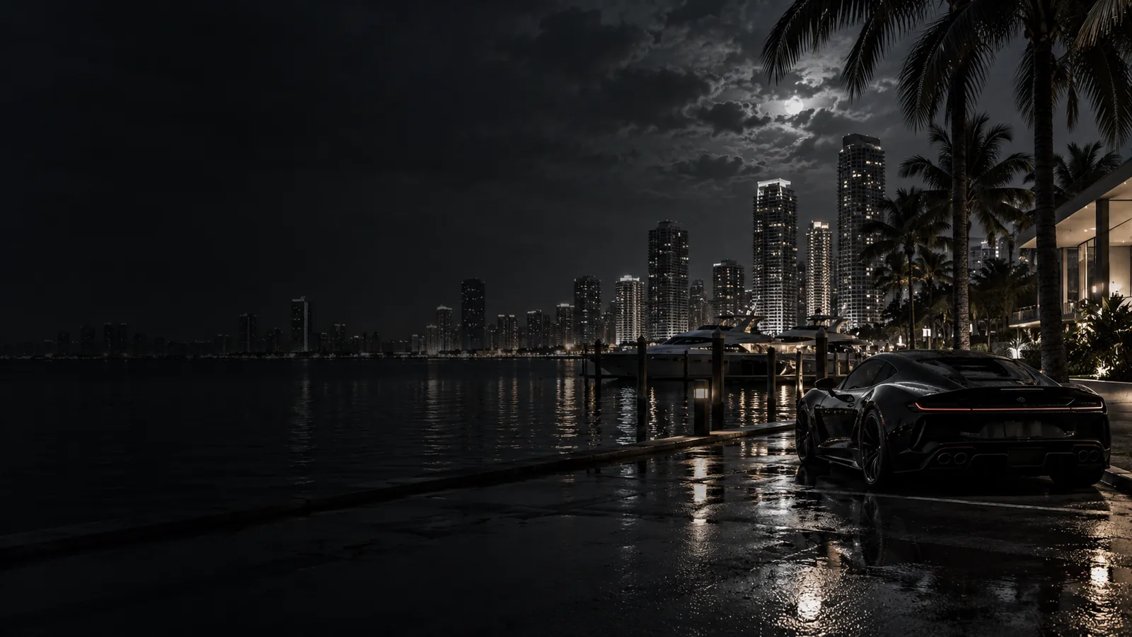 Original concept artwork of a waterfront city at night.