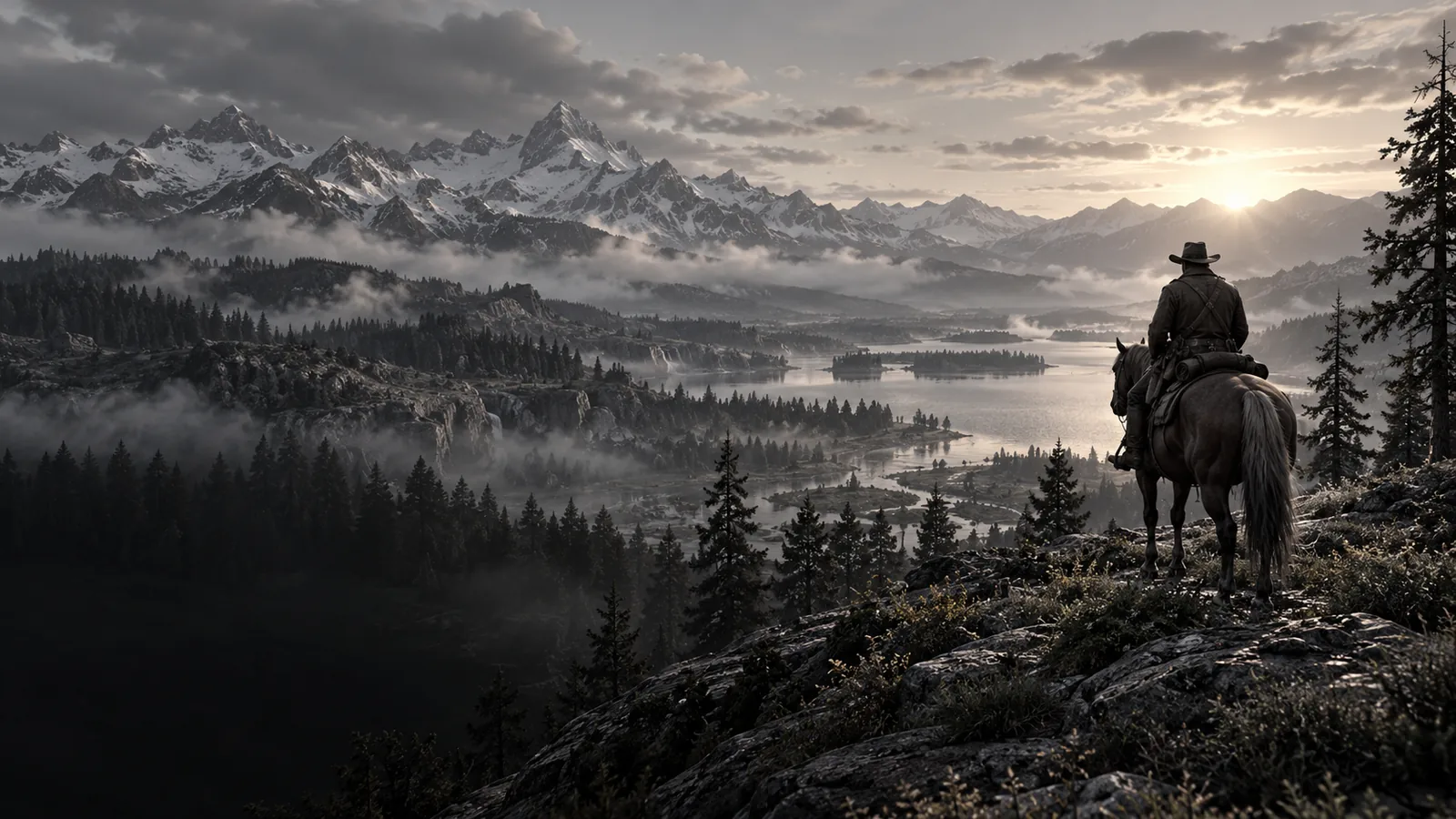 Original concept artwork of a rider overlooking a mountain valley.
